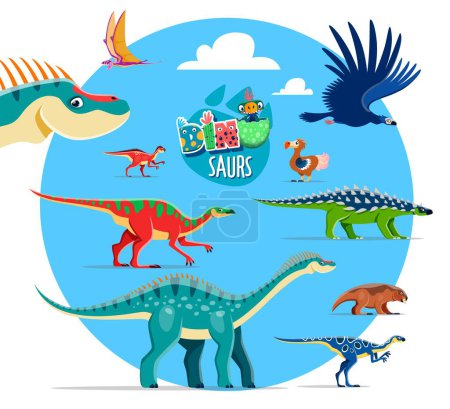 Illustration for Cartoon dinosaurs funny characters sticker. Prehistoric lizard, Jurassic era vector reptile. Pelecanimimus, Dryosaurus, Scutellosaurus and Edaphosaurus, Maiasaura, Paralititan dinosaur personages - Royalty Free Image