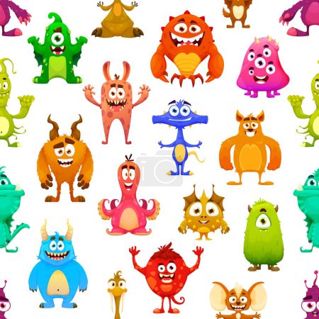 Ilustración de Dibujos animados personajes monstruo patrón sin costuras, vector de fondo con divertidas criaturas alienígenas. Patrón de monstruos extraños lindo de mutantes sonrientes felices, yeti goblin o bigfoot, cíclope peludo y gremlin - Imagen libre de derechos