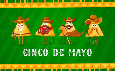 Ilustración de Banner mexicano de cinco de mayo con personajes vaqueros de nachos chip. Fondo festivo vectorial con divertido aperitivo tradicional de México usan sombrero y botas de vaquero del oeste salvaje, armados con armas - Imagen libre de derechos