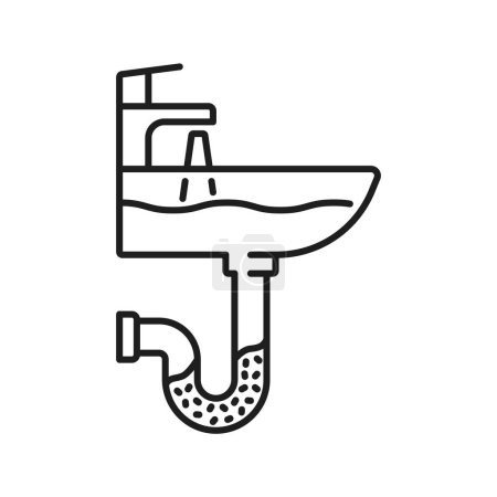 Ilustración de Icono de servicio de fontanería con lavabo de baño obstruido. Desobstrucción de aguas residuales, fijación de tuberías de agua de la casa o limpieza de plomería contorno icono del vector. Casa baño problema reparación delgada línea símbolo o signo - Imagen libre de derechos