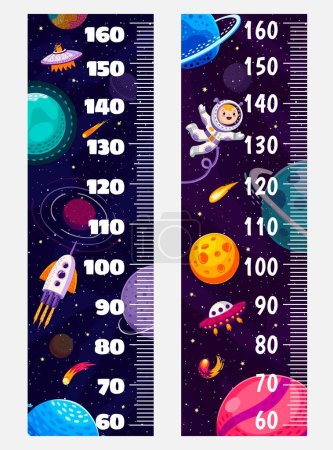 Illustration for Kids height chart ruler with space galaxy, astronaut, rocket, stars and planets. Vector growth meter, wall sticker with cute cosmonaut, ufo and spaceship. Children height measurement scale with rocket - Royalty Free Image