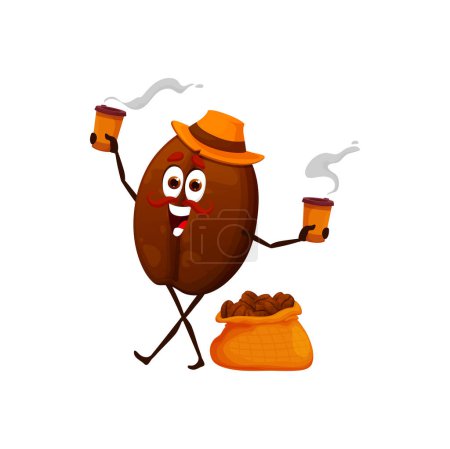Illustration for Cartoon happy coffee bean character with hot drinks. Street cafe coffee bean or fast food restaurant isolated vector childish mascot. Coffeeshop takeaway hot drink cute happy personage in hat - Royalty Free Image