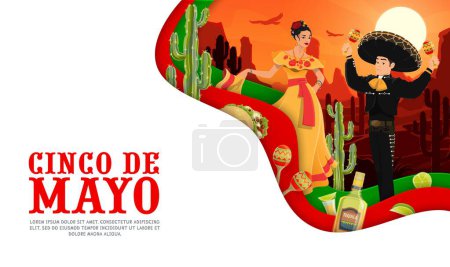 Illustration for Cinco de Mayo mexican holiday paper cut banner with mariachi musician and woman dancer characters. Vector personages, sombrero, maracas and tequila with 3d papercut borders on Mexico desert background - Royalty Free Image