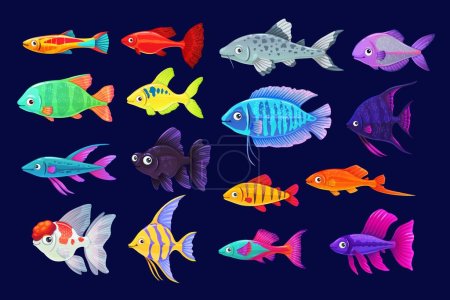Illustration for Cartoon aquarium fishes. Vector goldfish, swordtail fish, flower horn fish. Telescope, catfish with scalar, angel fish and guppy with green tiger barb, tropical colorful underwater exotic animals set - Royalty Free Image