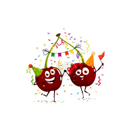 Illustration for Cartoon cherry twins character, birthday holiday. Kids party berry comical mascot, children holiday event or child birthday congratulating cherry isolated vector happy personages in confetti - Royalty Free Image