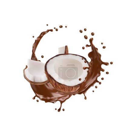Illustration for Realistic chocolate yogurt, cream, or milk drink splash with coconut. Isolated 3d vector round wave with halved coco nut tropical plant parts with white ripe flesh and brown liquid splashing and drops - Royalty Free Image