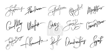 Illustration for Autograph signatures pack, name facsimile handwritten by pen names, isolated vector set. Document signatures of personal name letters and surname in handwriting or facsimile for fake example - Royalty Free Image