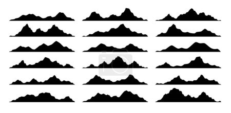 Téléchargez les illustrations : Montagne noire, silhouettes de collines et de rochers, formes de paysage rocheux. Gamme vectorielle isolée de collines, crêtes monochromes. Alpes avec sommets fixés pour l'aventure, l'escalade, le voyage et la randonnée - en licence libre de droit
