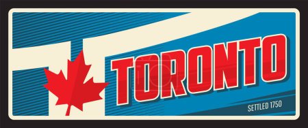 Téléchargez les illustrations : Toronto Plaque de la ville canadienne, plaque de voyage rétro, plaque de destination touristique signe d'étain vecteur. Étiquette de bagage touristique de la capitale du Canada, de la province et de la région avec drapeau et repère, feuille d'érable rouge - en licence libre de droit