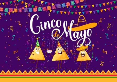 Téléchargez les illustrations : Cinco de Mayo bannière de vacances avec des personnages de puces de nachos mexicains sur la fête de la fiesta, fond vectoriel. 5 mai bannière de vacances avec des chips de nachos de dessin animé de cuisine nationale mexicaine dans sombrero avec des maracas - en licence libre de droit
