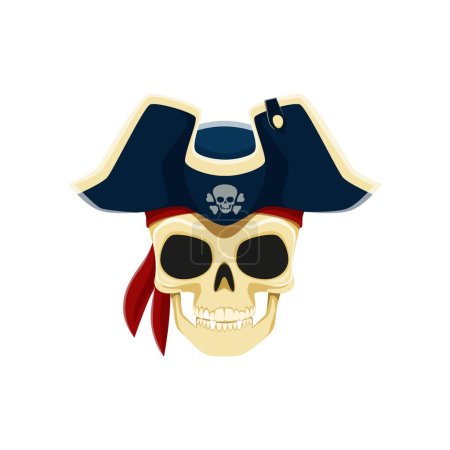 Ilustración de Cráneo de capitán pirata con sombrero acobardado, sonríe amenazadoramente. Tricornio gorra se sienta alegremente sobre los restos esqueléticos, exudando encanto marinero espeluznante. Filibustero vector de dibujos animados, marinero o corsario cabeza esqueleto - Imagen libre de derechos