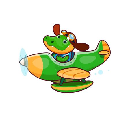 Illustration for Cartoon cute crocodile animal character on plane. Adorable alligator kid flying on propeller airplane, cute crocodile pilot sitting in plane isolated vector personage. Funny animal on vintage aircraft - Royalty Free Image