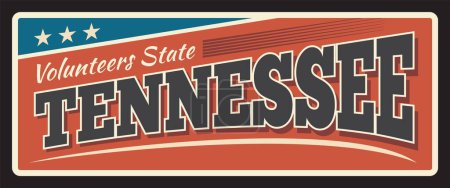Ilustración de Placas de viaje del estado de Tennessee. Estados Unidos viejo, signo, letrero con estrellas de bandera y rayas, tipografía retro, vector de inscripción. Nashville capital, señalización retro - Imagen libre de derechos