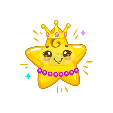 Illustration for Cartoon cute twinkle, funny star, kawaii emoji character. Twinkle baby princes in golden crown and jewelry necklace isolated vector childish personage. Kawaii star queen funny mascot - Royalty Free Image