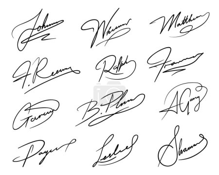 Illustration for Autograph or business signatures pack set of pen handwritten names, isolated vector. Document signatures or handwriting personal name letters and surname for facsimile or business letter signature - Royalty Free Image