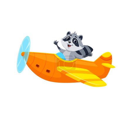 Ilustración de Piloto de mapache de dibujos animados en avión, aviador de animales divertido en avión de juguete, personaje de vector. Feliz mapache volando en el avión de hélice para los juguetes de aviación del zoológico y los niños camiseta de impresión o jardín de infantes mascota - Imagen libre de derechos