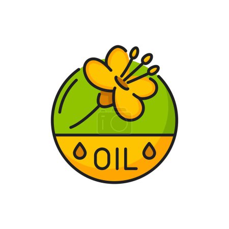 Téléchargez les illustrations : Graine de colza, icône de l'huile de canola. Signe linéaire vectoriel isolé avec fleur dorée à l'intérieur du cercle vert et jaune avec des gouttes, symbolisant un produit sain et nutritif pour des avantages culinaires et pour la santé - en licence libre de droit