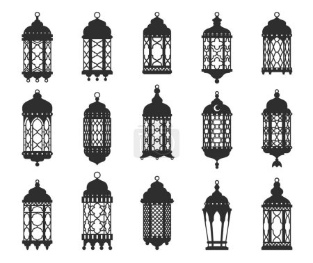 Téléchargez les illustrations : Lanterne islamique arabe Ramadan ou Aïd Moubarak ou silhouette de lampe. Lanterne arabe vintage, lampe à gaz ancienne du Moyen-Orient ou ramadan musulman karem antique kérosène suspendu silhouettes vectorielles isolées lumière ensemble - en licence libre de droit