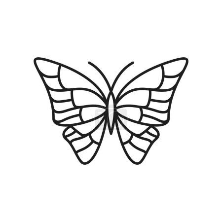 Téléchargez les illustrations : Icône de ligne papillon pour tatouage ou art de la décoration, silhouette esquisse vectorielle. Insecte papillon avec ornement sur les ailes, ligne fine abstraite décoration doodle de papillon pour impression motif - en licence libre de droit