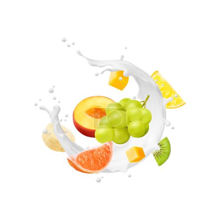 Illustration for White yogurt drink, milk swirl and wave splash with tropical fruits. 3d vector peach, grapes, grapefruit and kiwi, banana, lemon and mango vibrant dance, creating a luscious and refreshing spectacle - Royalty Free Image