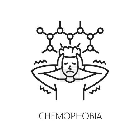 Illustration for Human chemophobia phobia icon, mental health. Fear of chemicals, mental disorder thin line vector symbol. People psychology problem line icon or sign with worried man, chemistry molecular lattice - Royalty Free Image