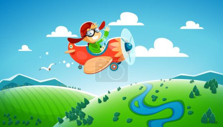 Téléchargez les illustrations : Pilote de bande dessinée volant dans l'avion. Enfant dans l'avion au ciel nuageux. Personnage garçon mignon vecteur avec chapeau d'aviateur vintage et lunettes volant sur avion rétro et agitant la main, vol de rêve ou voyage aérien - en licence libre de droit