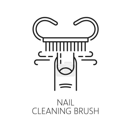 Illustration for Nail manicure service icon with cleaning brush. Woman beauty or spa salon, manicure and pedicure master, cosmetics and makeup shop linear vector sign. Cosmetology outline pictogram or line symbol - Royalty Free Image