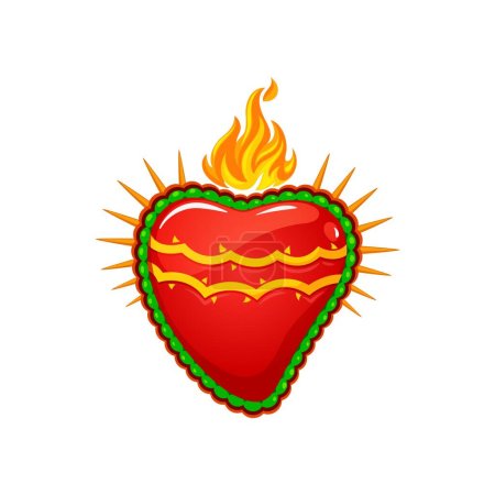 Ilustración de Corazón sagrado mexicano con llamas y rayos de fuego ardientes, tatuaje o símbolo de vectores de religión. Sagrado Corazón o Corazon Milagro símbolo del amor de Jesús y Dios milagro divino de la religión católica mexicana - Imagen libre de derechos