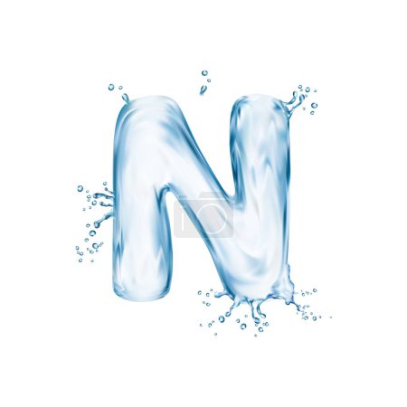 Illustration for Realistic water font letter N, flow splash type, liquid aqua typeface, transparent wet english alphabet. Isolated 3d vector crystal-clear typography with shimmering waves and mesmerizing aquatic depth - Royalty Free Image