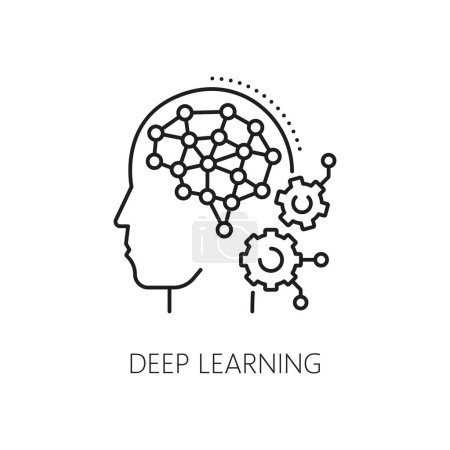 Téléchargez les illustrations : Icône d'apprentissage profond pour l'intelligence artificielle IA et l'apprentissage automatique, vecteur de ligne. Intelligence artificielle et réseau neuronal artificiel pour l'apprentissage supervisé ou non supervisé, algorithmes AutoMl et analyse de données - en licence libre de droit