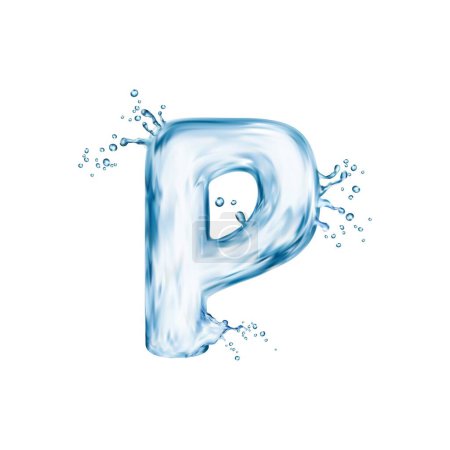 Illustration for Realistic water font, letter P flow splash type, liquid aqua typeface, transparent wet english alphabet. Isolated vector fluid character with ripple and reflection, create captivating aquatic illusion - Royalty Free Image