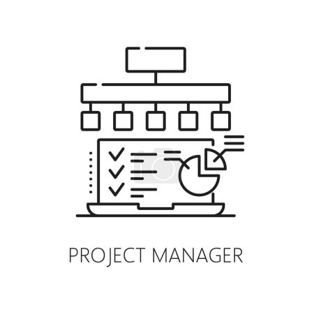 Illustration for Project manager, IT specialist icon for internet business or digital marketing, line vector. Project manager pictogram of laptop with charts and planning tasks of business management and development - Royalty Free Image