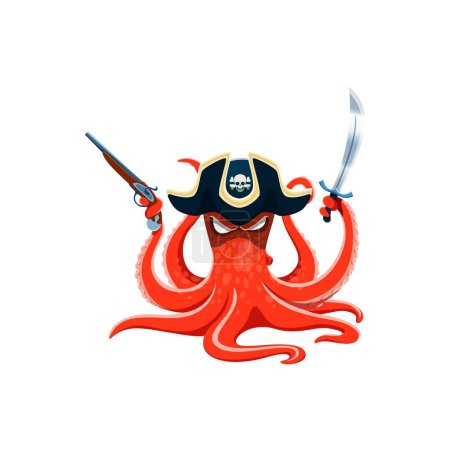 Ilustración de Caricatura pulpo pirata, capitán y marinero personaje. Vector aislado amenazante kraken blandiendo un arma y un sable, sus tentáculos arremolinándose de travesuras, listo para una aventura náutica en alta mar - Imagen libre de derechos