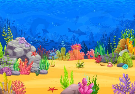 Ilustración de Mar paisaje submarino. Nivel de juego con bancos de peces, algas y siluetas de animales. Océano bajo el agua mundo vector fondo con tiburón, tortuga y delfines, corales, estrellas de mar, conchas en el fondo - Imagen libre de derechos