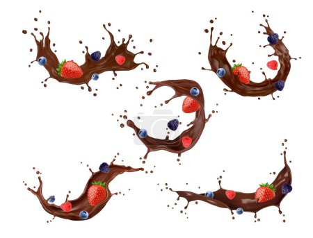 Illustration for Chocolate cream or milk drink swirl splash with strawberry, raspberry, blueberry and blackberry, isolated vector. Realistic choco cream dessert or chocolate milk whirl splash with berries in pour wave - Royalty Free Image