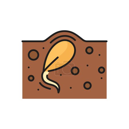 Illustration for Horticulture spring sprout, agronomy plant seed, agriculture soil seedling linear icon. Farming harvest, agronomy seedling germination thin line vector pictogram with seed growing in soil - Royalty Free Image