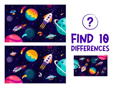 Illustration for Find ten differences at starry galaxy space landscape. Difference spotting activity or quiz, objects comparing kids game vector worksheet with planets, rockets and UFO saucer flying in outer space - Royalty Free Image