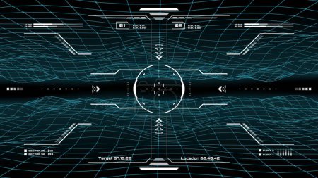 Illustration for Military HUD interface, target aim controls screen, vector futuristic dashboard with radars. Military game or HUD technology virtual panel display of submarine or aircraft target aim with gun sight - Royalty Free Image