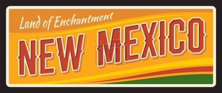 Illustration for New mexico US state retro travel plate, old plaque, vintage vector banner. Vector touristic landmark plaque of Santa Fe capital. Sign for travel destination. Retro board, postcard, antique signboard - Royalty Free Image