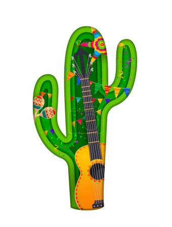 Téléchargez les illustrations : Cactus coupés en papier avec guitare, pinata mexicaine et maracas pour vacances ou fiesta, bannière vectorielle. Fête mexicaine ou fête nationale couches de papier découpées de drapeaux guirlande et confettis pour festival de musique - en licence libre de droit