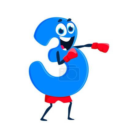 Illustration for Cartoon funny number three 3 sportsman character. Kids education number cute character, mathematics numeric three symbol or school math digit happy vector mascot or childish personage boxing in gloves - Royalty Free Image