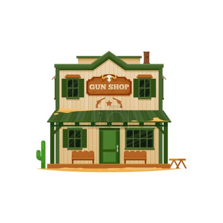 Illustration for Western Wild West town gun shop cartoon building. Old two storey wood house, vector scene of Western town country street. Cowboy gun shop, firearm or weapon store building with bull skull and cactus - Royalty Free Image