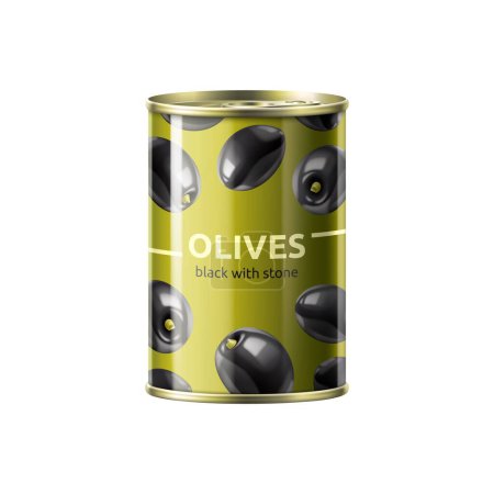 Illustration for Realistic black olive can, isolated 3d vector cylindrical tin can, housing plump and savory berries. Metallic container conceals Mediterranean treasures within, for adding a burst of flavor to dishes - Royalty Free Image