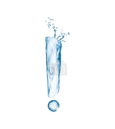 Illustration for Liquid water exclamation mark, featuring dynamic splash bubbles, transparent type font, aqua typeface. Isolated 3d vector wet symbol exuding a refreshing vibe, for conveying excitement and energy - Royalty Free Image