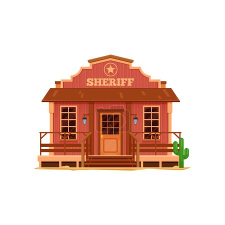 Illustration for Western Wild West town sheriff office cartoon building, vector old american police department. Western country street building with wood board facade, sheriff star signboard, porch with stairs, cactus - Royalty Free Image