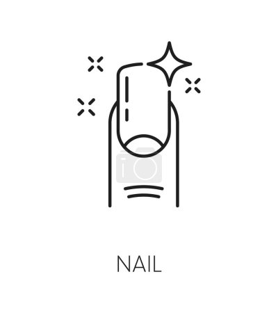Illustration for Nail manicure service icon with fingernail. Woman beauty or spa salon, manicure and pedicure master or cosmetology product line vector pictogram. Cosmetics and makeup shop thin line symbol or sign - Royalty Free Image
