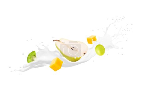 Illustration for White yogurt drink, milk swirl and wave splash with tropical fruits. 3d vector kiwi, pear, mango and grape dance in symphony of color, enticing the senses with refreshing and indulgent exotic delight - Royalty Free Image