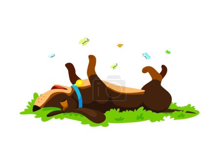 Illustration for Cartoon dachshund dog puppy character with floppy ears, enjoys frolicking in lush green grass, with a playful and relaxed expression. Vector pet enjoying the outdoors in delightful and carefree manner - Royalty Free Image