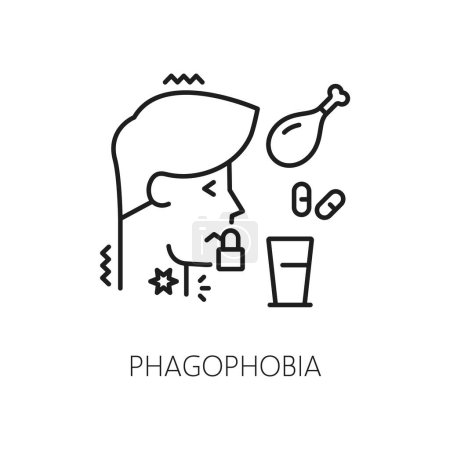 Illustration for Human phagophobia phobia icon, mental health. Fear of swallowing food, mental disorder or people psychology problem line vector sign. Phobia or fear outline icon or pictogram with man afraid eating - Royalty Free Image
