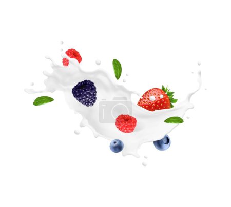 Ilustración de Bebida de yogur, remolino de leche y salpicadura de onda con bayas. Yogur realista con fresa, mora, arándano con frambuesa y hojas verdes. Salpicadura aislada del producto lácteo del vector 3d, corriente líquida - Imagen libre de derechos